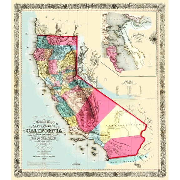 Historic State Map - California - Eddy 1854 - Vintage Wall Art