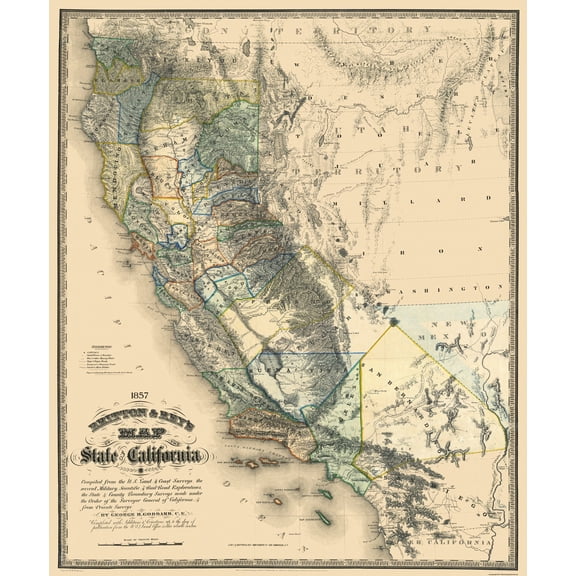 Historic State Map - California - Goddard 1857 - 23 x 27.69 - Vintage Wall Art