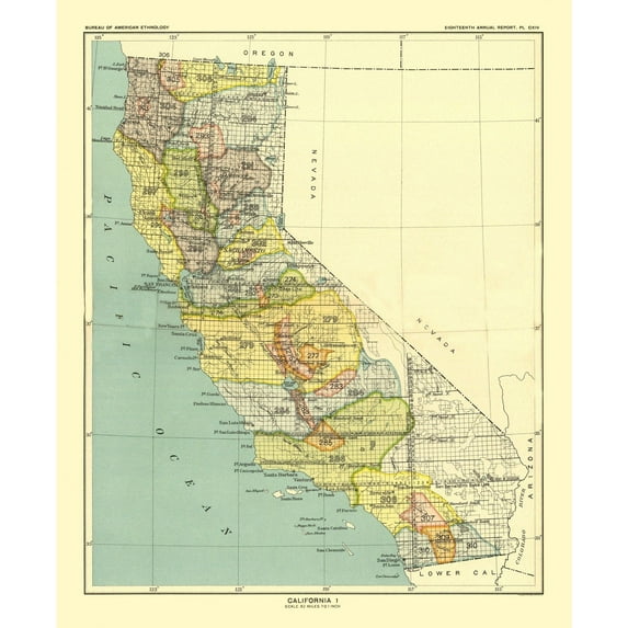 Historic State Map - California - Hoen 1896 - Vintage Wall Art
