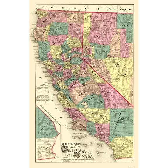 Historic State Map - California Nevada - Thompson 1877 - 23 x 35.43 - Vintage Wall Art