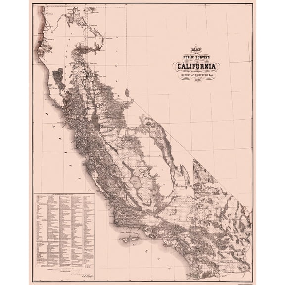 Historic State Map - California Public Surveys - Surveyor General 1862 - 23 x 28.75 - Vintage Wall Art