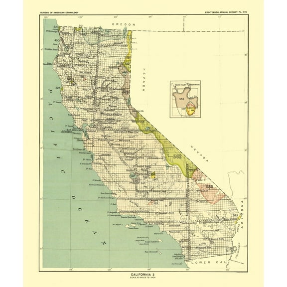 Historic State Map - California - Round Valley Reservation Hoen 1896 - Vintage Wall Art