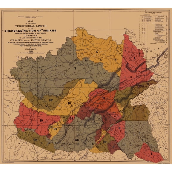 Historic State Map - Cherokee Nation of Indians Colonies Mississippi River 1884