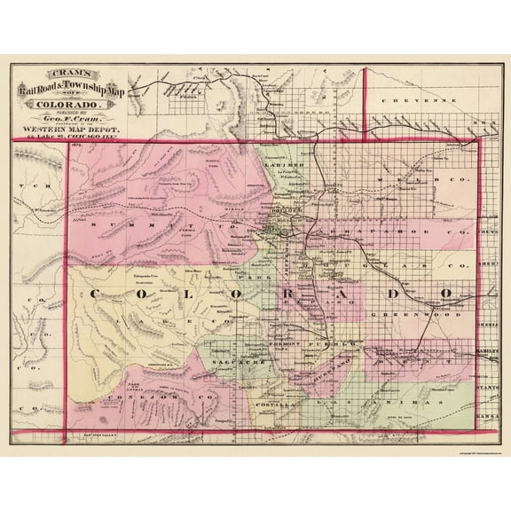 Historic State Map - Colorado - Cram 1875 - Vintage Wall Art
