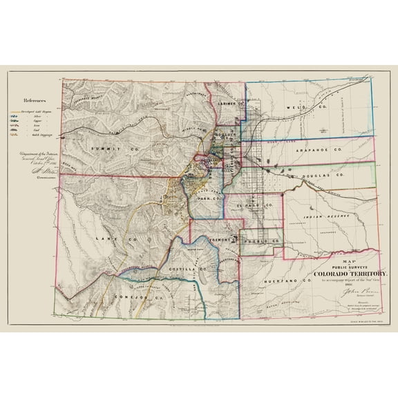 Historic State Map - Colorado - USGLO 1866 - Vintage Wall Art