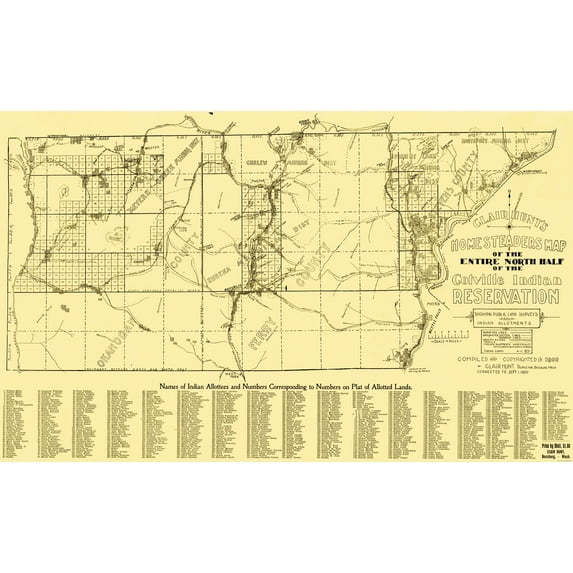 Historic State Map - Colville Indian Reservation Northern Counties - Hunt 1900 - 23 x 37 - Vintage Wall Art