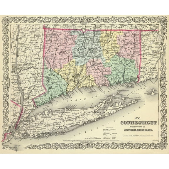 Historic State Map - Connecticut - Colton 1856 - 28 x 23 - Vintage Wall Art