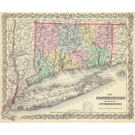 Historic State Map - Connecticut - Colton 1856 - Vintage Wall Art