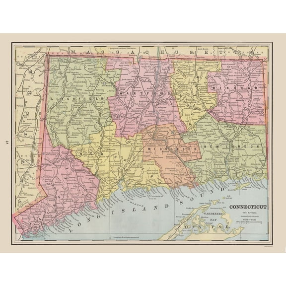 Historic State Map - Connecticut - Cram 1892 - Vintage Wall Art