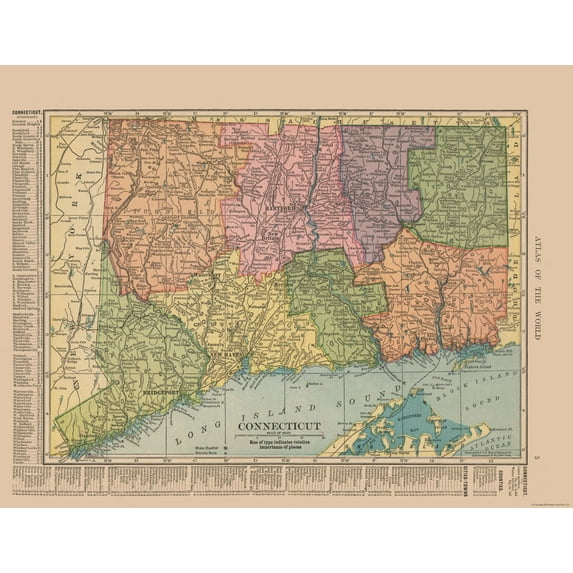 Historic State Map - Connecticut - Hammond 1910 - Vintage Wall Art