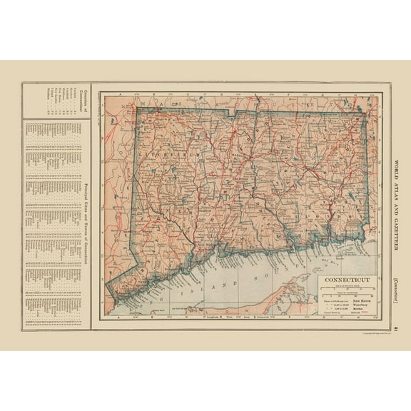 Historic State Map - Connecticut - Reynold 1921 - 32.49 x 23 - Vintage Wall Art