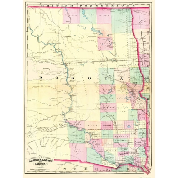 Historic State Map - Dakota Territory - Asher 1874 - 23 x 31 - Vintage Wall Art