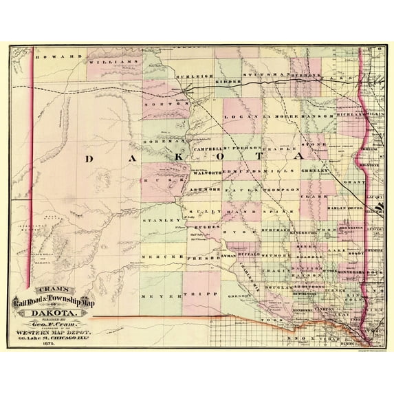 Historic State Map - Dakota Territory - Cram 1875 - Vintage Wall Art