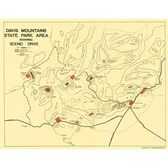 Historic State Map - Davis Mountains State Park Texas - Swartz 1935 - 23 x 29.57 - Vintage Wall Art