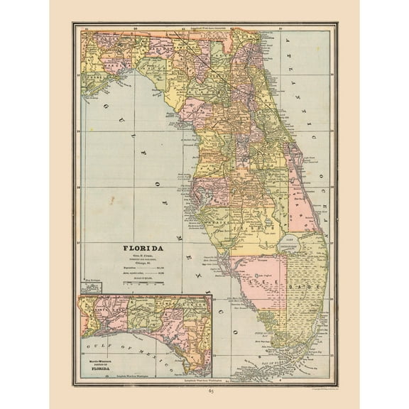 Historic State Map - Florida - Cram 1888 - 23 x 30.30 - Vintage Wall Art
