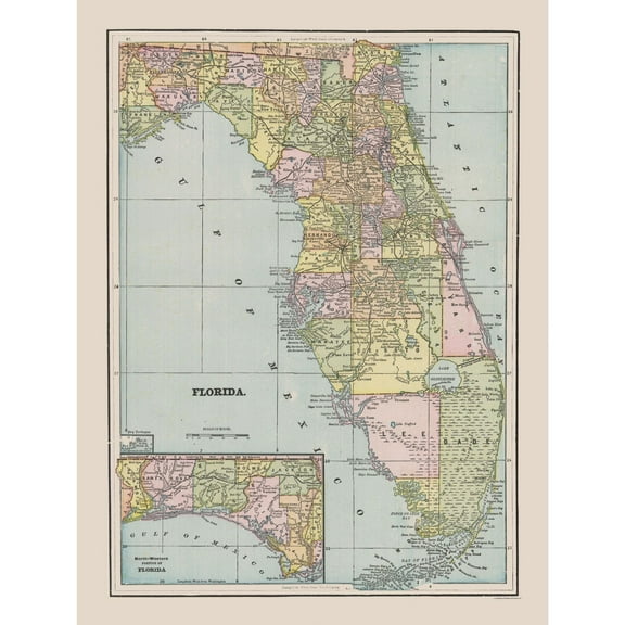 Historic State Map - Florida - Cram 1892 - 23 x 30.48 - Vintage Wall Art