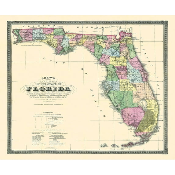 Historic State Map - Florida - Drew 1870 - Vintage Wall Art