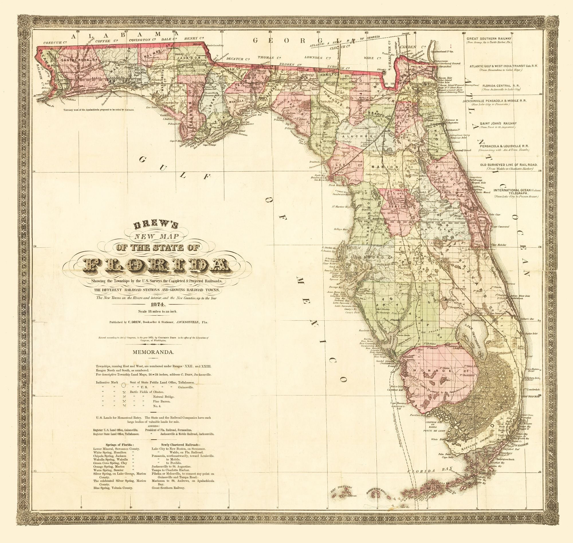 Historic State Map Florida Railroads Drew 1874 24.27 x 23