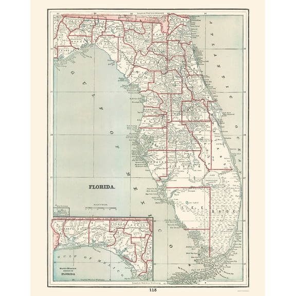 Historic State Map - Florida - Rathbun 1893 - Vintage Wall Art