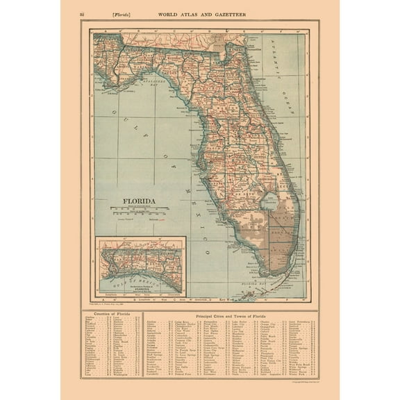 Historic State Map - Florida - Reynold 1921 - 23 x 32.93 - Vintage Wall Art
