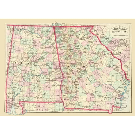 Historic State Map - Georgia Alabama - Asher 1874 - 23 x 31.72 - Vintage Wall Art