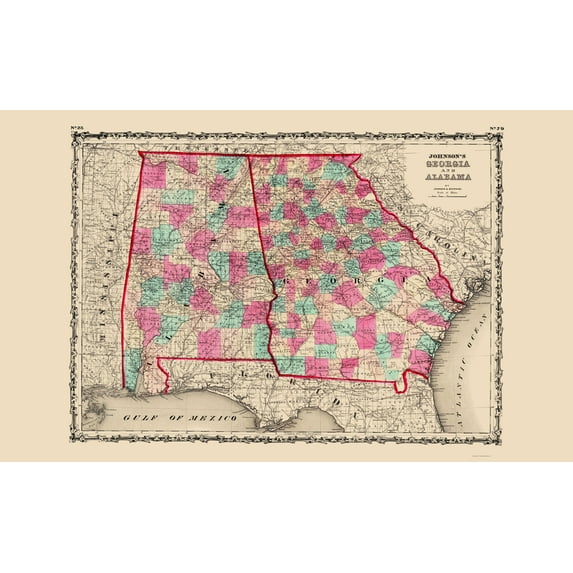 Historic State Map - Georgia Alabama - Johnson 1860 - Vintage Wall Art