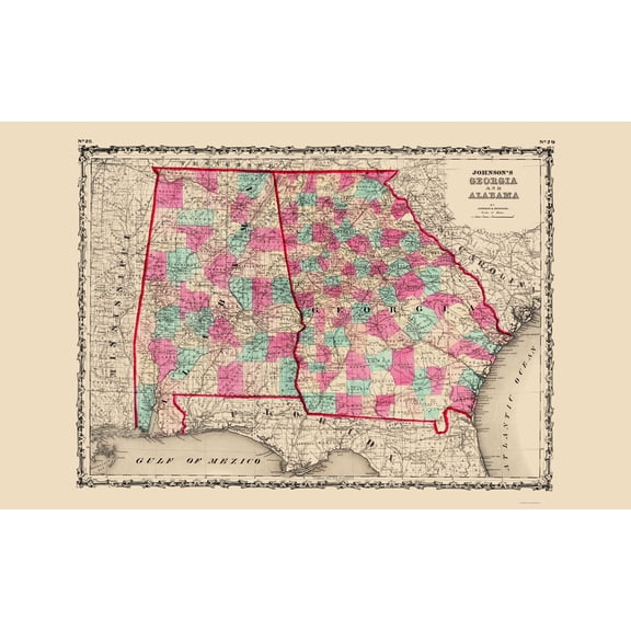 Historic State Map - Georgia Alabama - Johnson 1860 - Vintage Wall Art