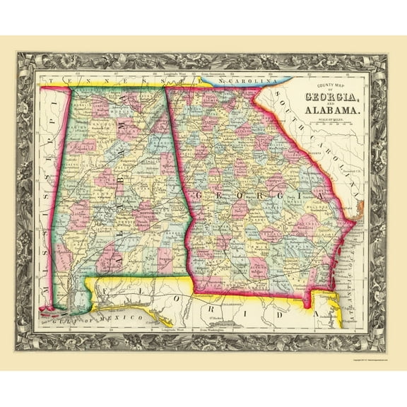 Historic State Map - Georgia Alabama - Mitchell 1860 - 23 x 27.85 - Vintage Wall Art