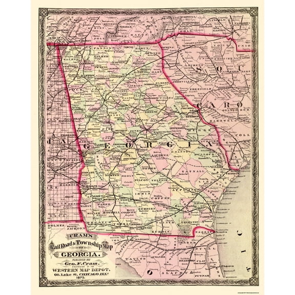 Historic State Map - Georgia - Cram 1875 - 23 x 29.06 - Vintage Wall Art