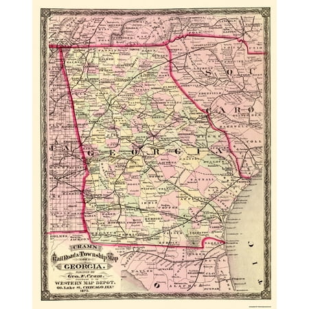 Historic State Map - Georgia - Cram 1875 - Vintage Wall Art