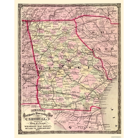 Historic State Map - Georgia - Cram 1875 - Vintage Wall Art