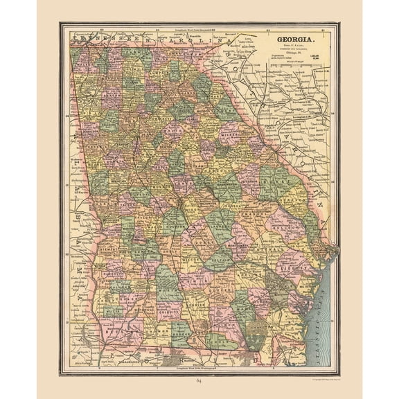 Historic State Map - Georgia- Cram 1888 - Vintage Wall Art