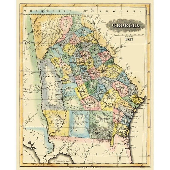 Historic State Map - Georgia - Lucas 1823 - Vintage Wall Art