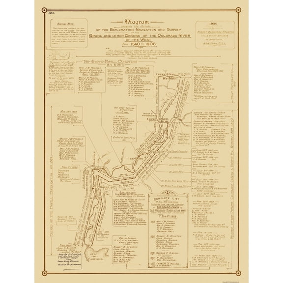 Historic State Map - Grand Canyon Colorado River - Stanton 1908 - 23 x 30.38 - Vintage Wall Art