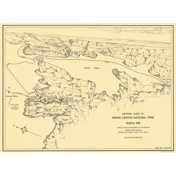 Historic State Map - Grand Canyon North Rim Guide - US Park Services 1955 - 23 x 31 - Vintage Wall Art