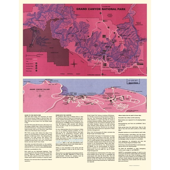 Historic State Map - Grand Canyon South Rim Arizona - US Park Services 1975 - 23 x 29.52 - Vintage Wall Art