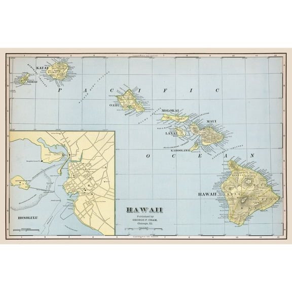 Historic State Map - Hawaii - Cram 1888 - Vintage Wall Art