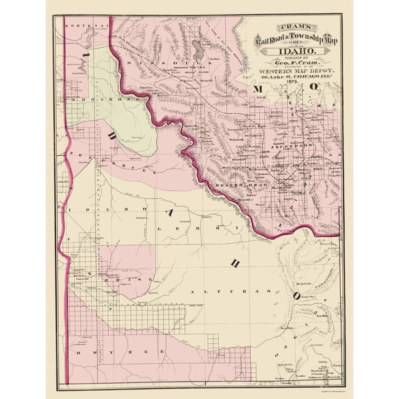 Historic State Map - Idaho - Cram 1875 - Vintage Wall Art