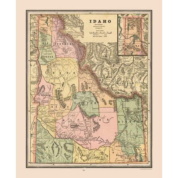 Historic State Map - Idaho - Cram 1888 - 23 x 28.01 - Vintage Wall Art