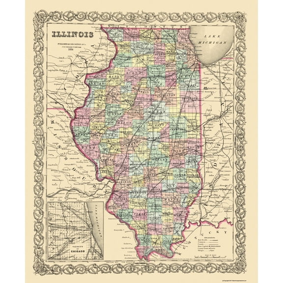Historic State Map - Illinois - Colton 1856 - Vintage Wall Art