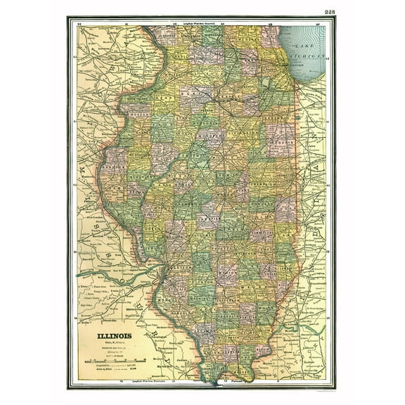 Historic State Map - Illinois - Johnson 1888 - 23 x 30.78 - Vintage Wall Art