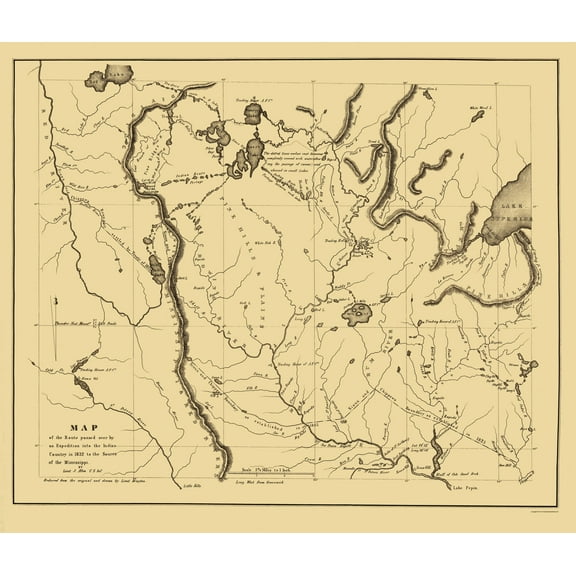Historic State Map - Indian Country Expedition - Schoolcraft 1832 - 23 x 26 - Vintage Wall Art