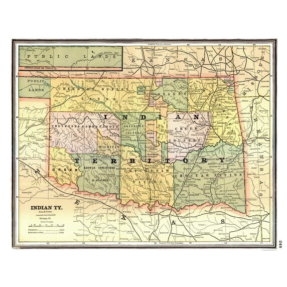 Historic State Map - Indian Territory - Johnson 1888 - 28.42 x 23 - Vintage Wall Art