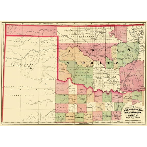 Historic State Map - Indian Territory North West Texas 1874 - 32 x 23 - Vintage Wall Art