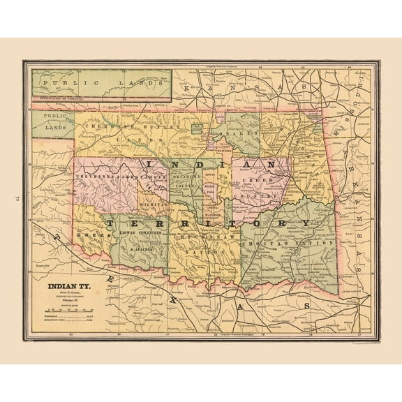 Historic State Map - Indian Territory Oklahoma - Cram 1888 - Vintage Wall Art