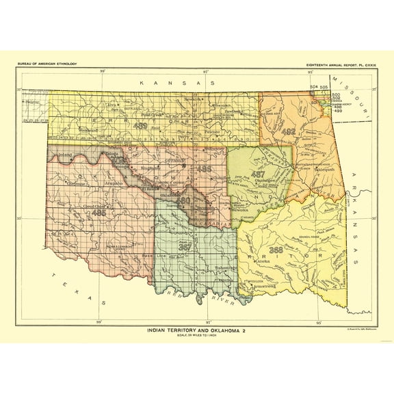 Historic State Map - Indian Territory Oklahoma - Hoen 1896 - Vintage Wall Art
