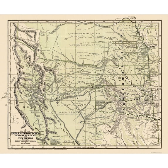 Historic State Map - Indian Territory Texas New Mexico - 1844 - Vintage Wall Art