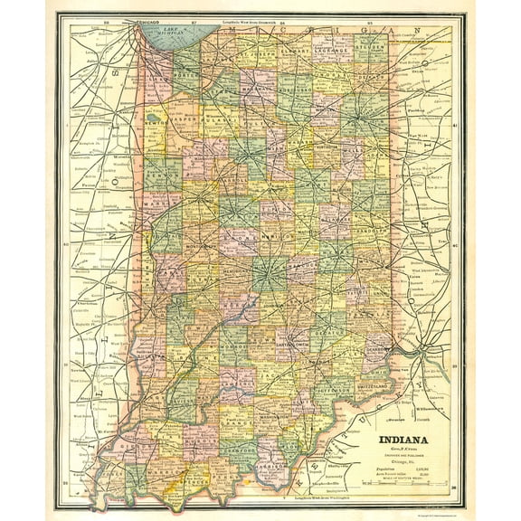 Historic State Map - Indiana - Cram 1886 - 23 x 27.80 - Vintage Wall Art