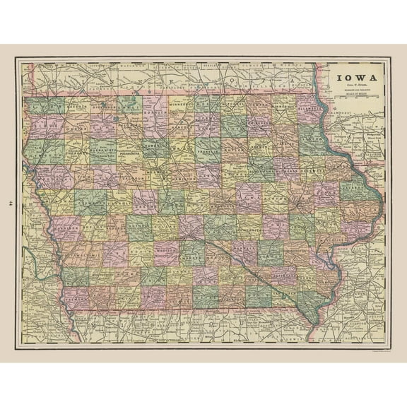 Historic State Map - Iowa - Cram 1892 - 29.35 x 23 - Vintage Wall Art
