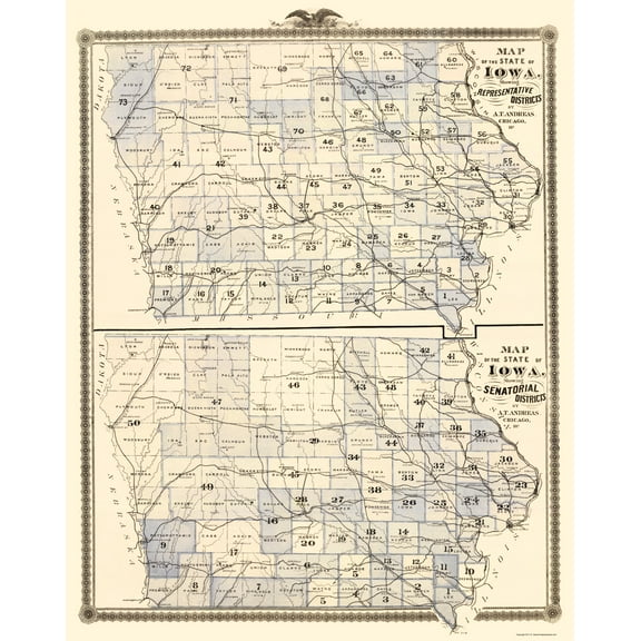 Historic State Map - Iowa Representative Senatorial Districts 1874 - 23 x 28 - Vintage Wall Art